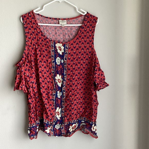 St. John's Bay Tops - St. John's Bay Red Floral Cold-Shoulder Tank with Navy Trim